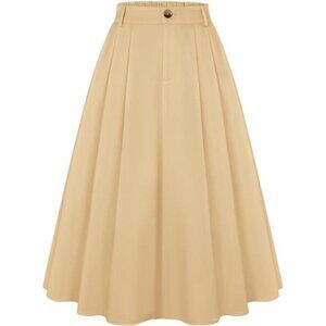 Women Pleated Skirt with Pockets A Line Khaki